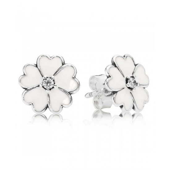 Pandora Earring-Silver White Enamel Cubic Zirconia Primrose Stud